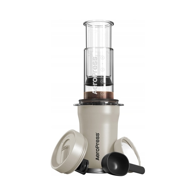 AeroPress Go Plus, Zaparzacz de Cafea cu Kubek Termic, Crem, 300 ml, Set cu 45 filtre