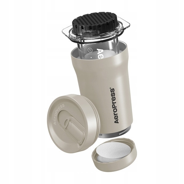 AeroPress Go Plus, Zaparzacz de Cafea cu Kubek Termic, Crem, 300 ml, Set cu 45 filtre