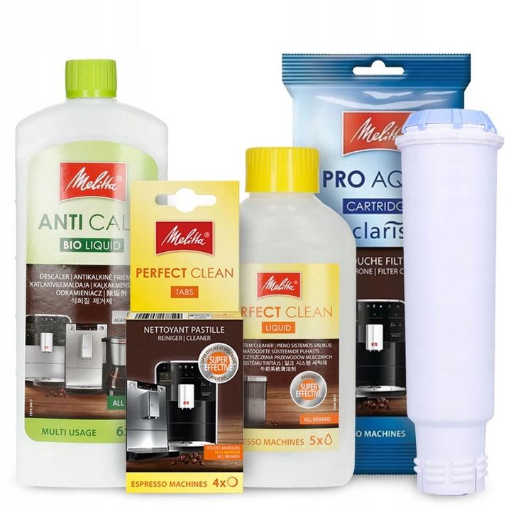 Set de curatare Melitta 4 in 1: Odkamieniacz, Tablete Perfect Clean, Pliun Perfect Clean, Filtru Pro Aqua