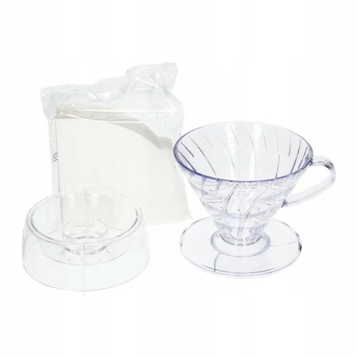 Dripper Hario V60-02 cu adaptor Drip-Assist si 40 filtre de hartie, plastic, transparent