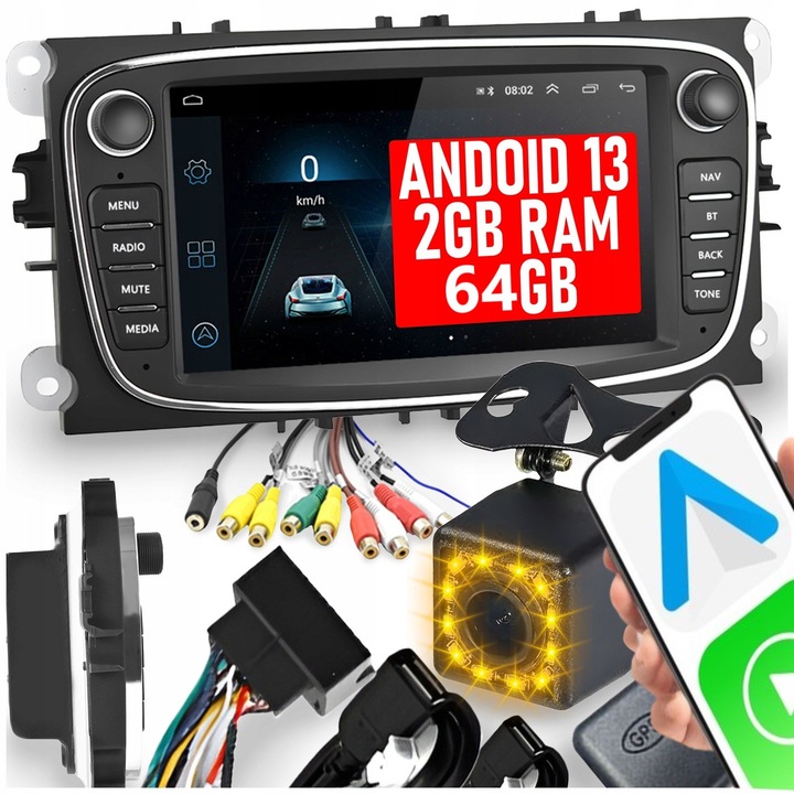 Автомобилно радио ALLNOEL Android 13, 7", 2 DIN, камера за задно виждане, 2 GB RAM, 64 GB ROM, пълен комплект