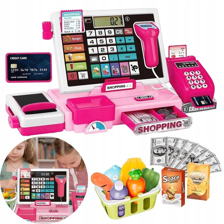 Set joaca supermarket, BEDEE, casa de marcat rozie, cu card de credit si cos de cumparaturi, 37x9x19cm