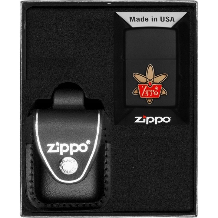 Bricheta Zippo, set prezentare, design retro, etui din piele naturala, negru