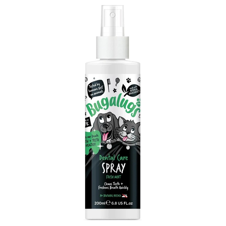 Spray igiena dentara Bugalugs 200ml, pentru caini si pisici, fara necesitatea periajului, pe baza de ingrediente naturale, pH echilibrat