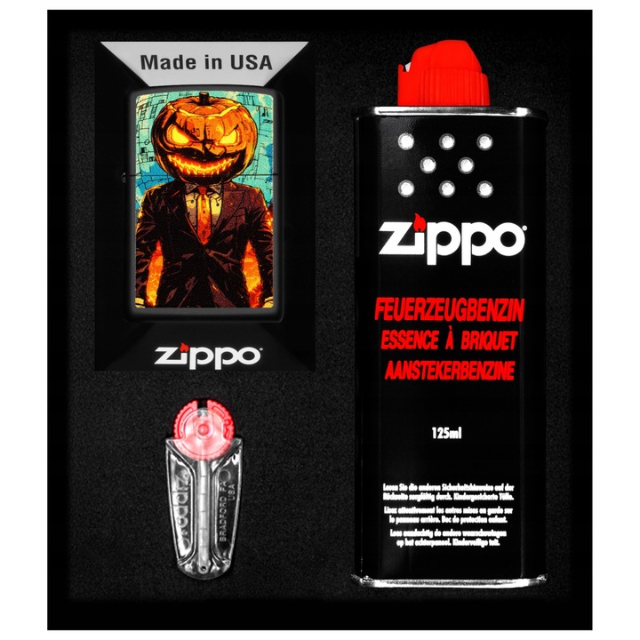 Bricheta Zippo, design MISTER PUMPKIN, set cu benzina si pietre, mosiad, elegant