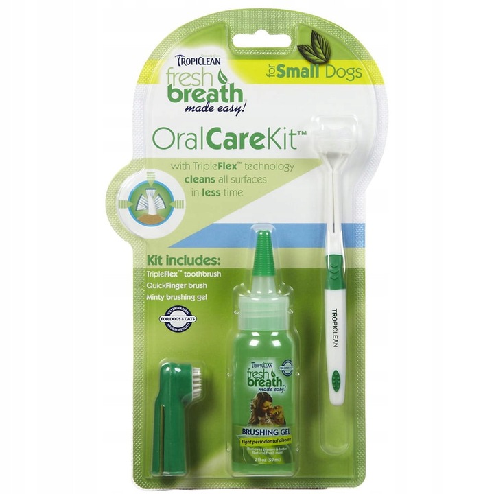 Set de igiena dentara Tropiclean pentru caini si pisici mici, include periuta QuickFinger, gel de curatare, periuta TripleFlex, menta.