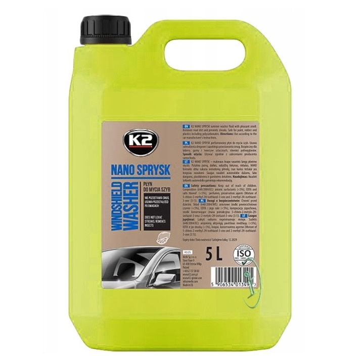 Lichid de parbriz K2 Letni 5L, parfum citric, sigur pentru lac, protejeaza stergatoarele