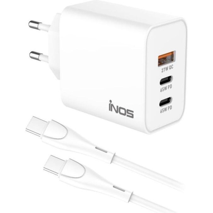 Incarcator de calatorie iNOS 65W cu 2xUSB-C si USB-A, tehnologie GaN, alb