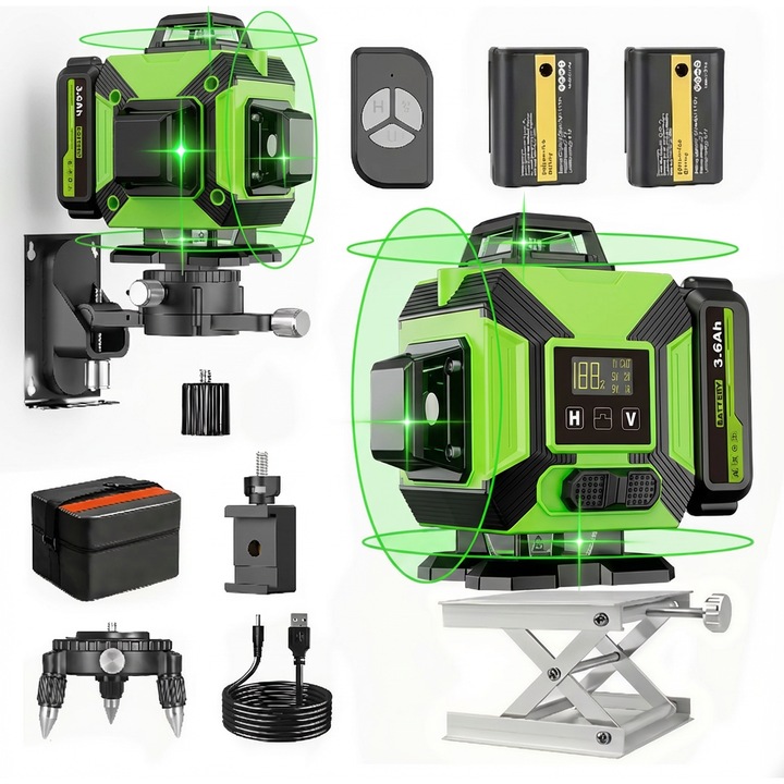 Nivela Laser 4D, Folixs®, Professzionális, 16 vonal, 4x360º, IP-54, Milliméteres pontosság, 515 nm lézerdióda, ±3° munkaterület 40 m, Távirányítóval, Fekete/zöld