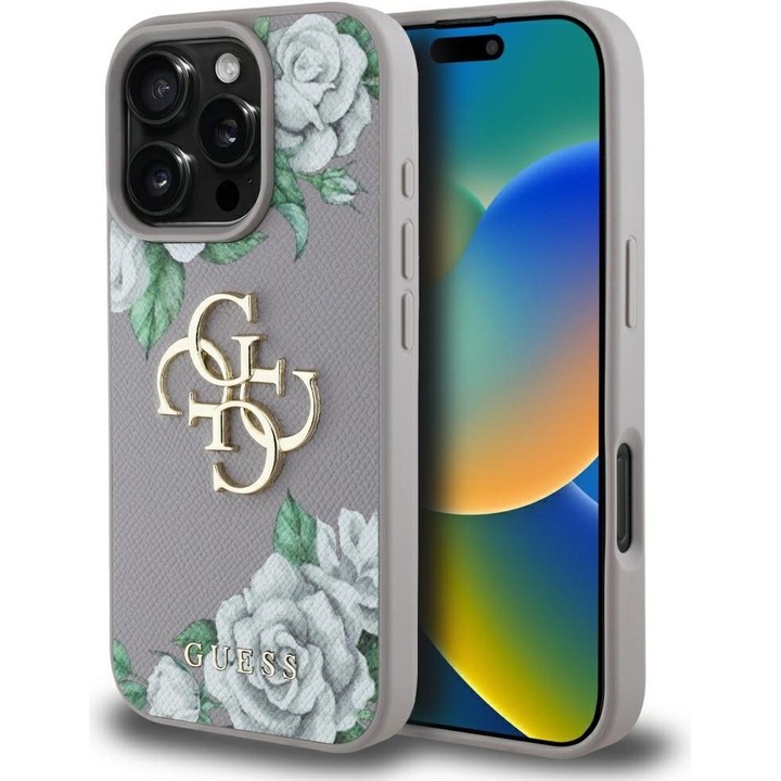 Husa telefon Guess Grained Roses Big 4G logo, eco-leather, mov, pentru iPhone 16 Pro