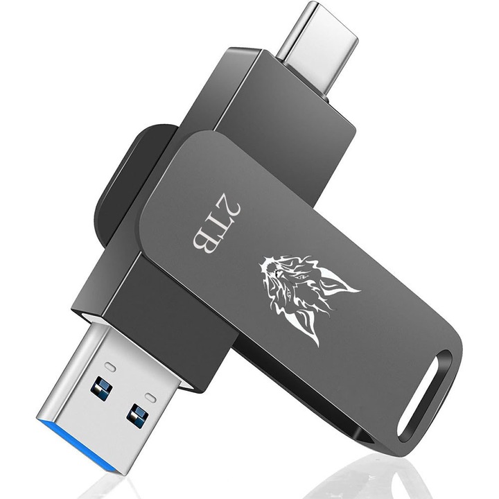 Memorie USB / Flash drive 3.0 dual USB-A/USB-C OTG, 2 TB, viteza citire 100 MB/s scriere 60 MB/s, carcasa metalica, Negru