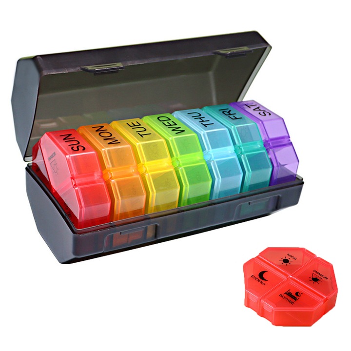 Organizator pastile, CeruleTree, 28 compartimente, multicolor, material PP, design usor de utilizat