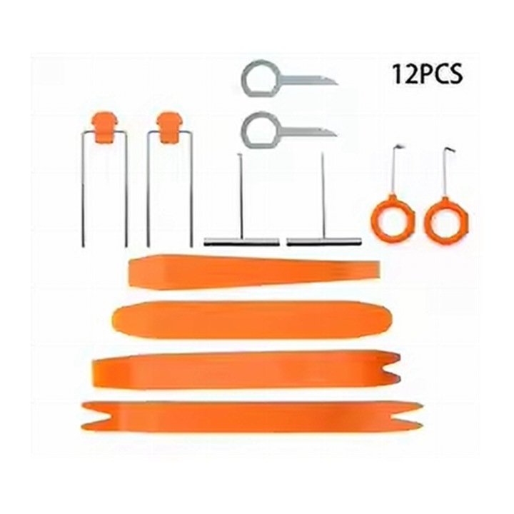 Set 12 Piese Demontare Audio si Tapiterie Auto, Kit Leviere Plastic si Chei Extractie Radio, Portocaliu