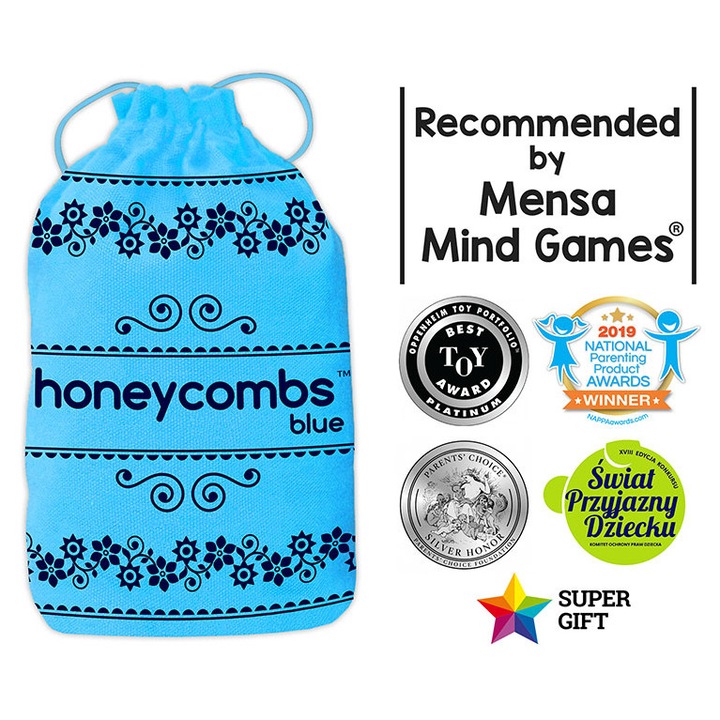 Honeycombs Blue társasjáték, 52 hatszögletű lapka, 12x19x12 cm, 1-8 játékos részére, 6 éves kortól