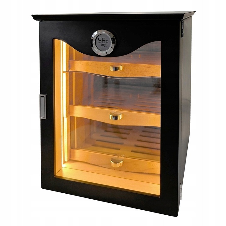 Humidor pentru tigari Angelo, negru mat, cu iluminare LED, 3 cutii din lemn de cedru, 290x290x370mm