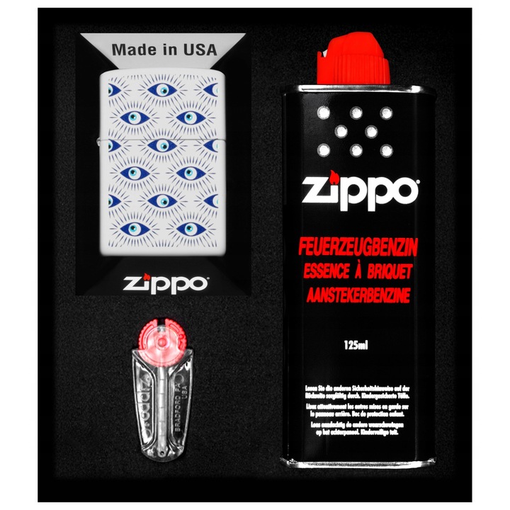 Set bricheta Zippo, design Evil Eye, set cu benzina si pietre, marime standard, culoare multicolor