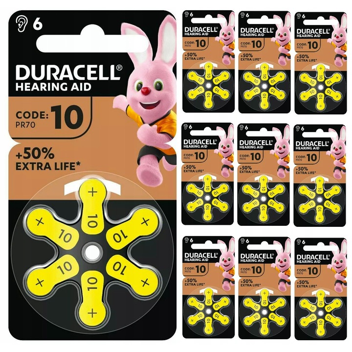 DURACELL DA10 hallókészülék elemek, 60 db, 50% extra élettartam