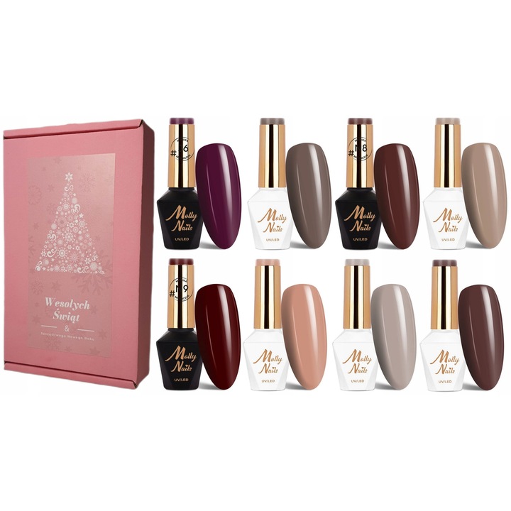 Set de 8 lacuri hibrid MOLLY NAILS, nuante de bronz si culori de toamna, pentru unghii, 10ml fiecare