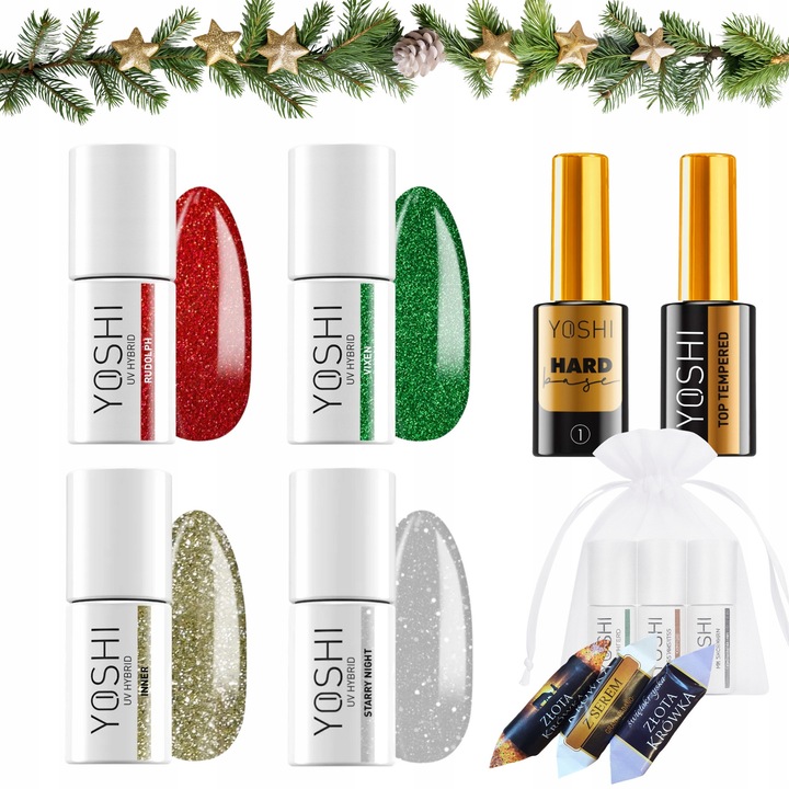 Set de lacuri hibride Yoshi 4 culori festive 6ml, top si baza 10ml, multicolor