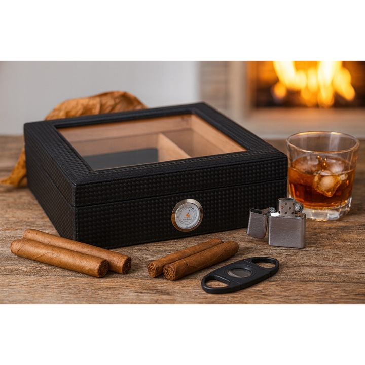 Humidor Angelo Diamond Glass, negru, 26,4x22,8x8,3cm, capacitate 10-15 tigari