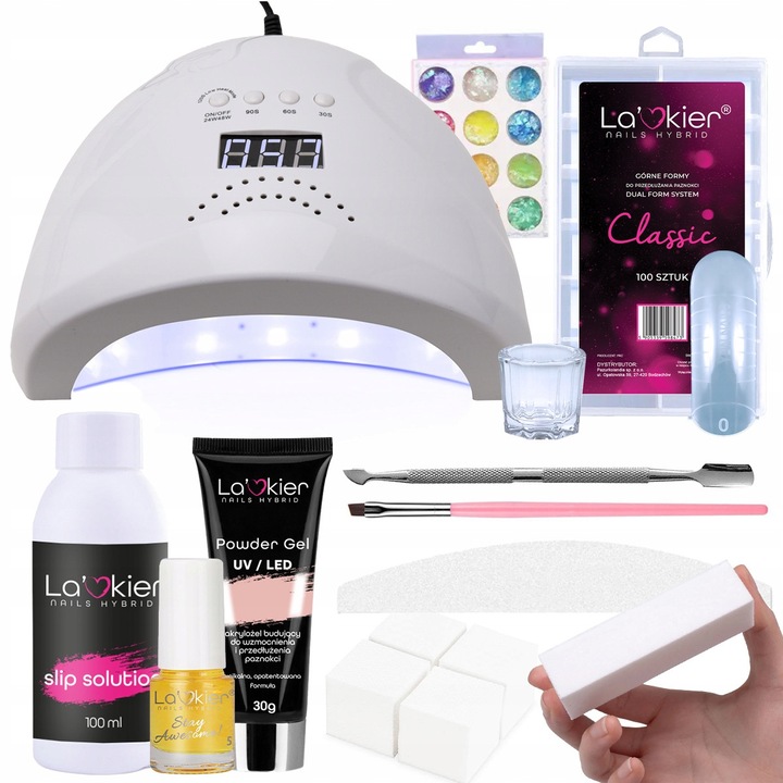 Set profesional pentru unghii La'kier, lampa UV/LED 48W alba, 30g, solutie slip 100ml, 100 forme duale, 100 servetele fara praf, 1 pila, 1 bloc, 1 ulei cuticule, 1 pensula gel, 1 set decoratiuni