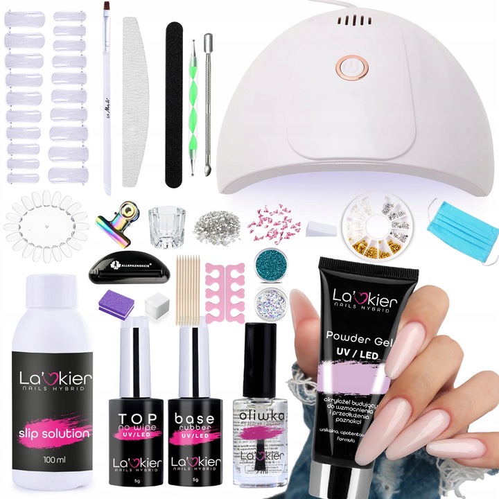 Set manichiura La'kier, Akrylozel Poly Gel 30ml, Lampa UV/LED 48W, Slip Solution 100ml, accesorii diverse