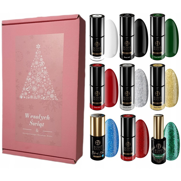 Set de 9 lacuri hibrid Boska Nails, culori festive, ambalate pentru cadou