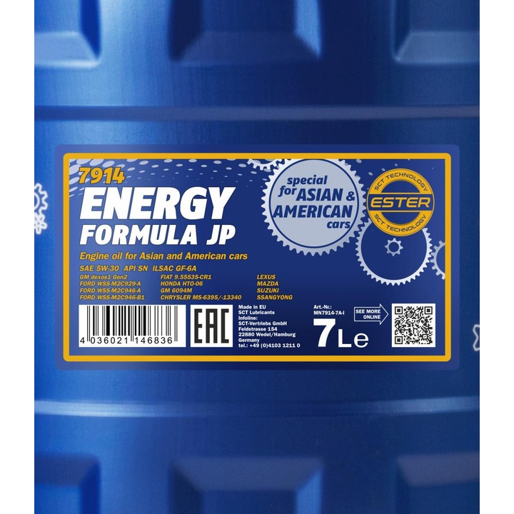 Ulei motor Mannol Energy Formula JP 5W30, 7L, sintetic, eficienta ridicata, pentru motoare benzina