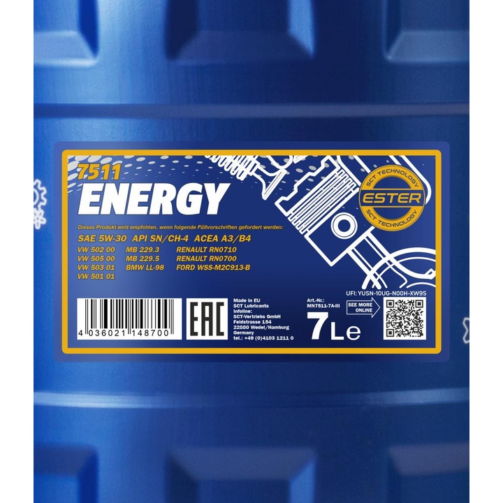 Ulei motor Mannol Energy 5w30 7L, tehnologie estro-sintetica, protectie impotriva uzurii, economisire combustibil, multicolor