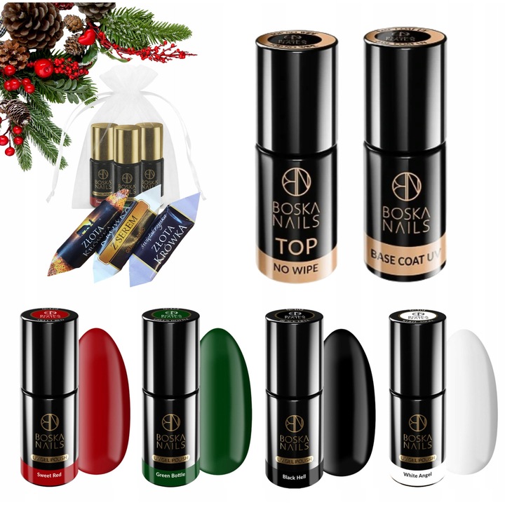 Set de lacuri hibride Boska Nails 4x6ml, alb, negru, rosu, verde, baza si top inclus, cadou dulce