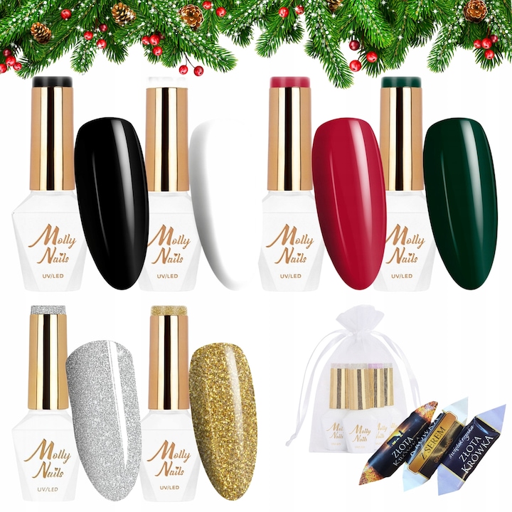 Set 6 lacuri hibride MOLLY NAILS, culori festive, 6ml fiecare, ambalate in saculet de organza