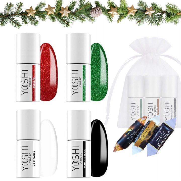 Set 4 lacuri hibride Yoshi, culori festive, 6ml fiecare, alb, negru, rosu sclipitor, verde sclipitor