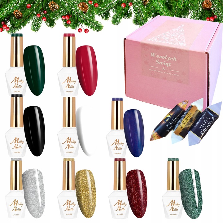 Set 9 lacuri hibride MOLLY NAILS, culori festive, 6ml fiecare, ambalaj cadou