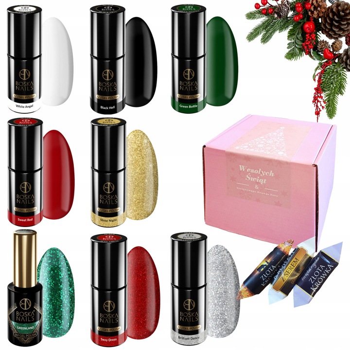 Set 8 lacuri hibridice Boska Nails, culori festive, 6ml fiecare, ambalaj cadou