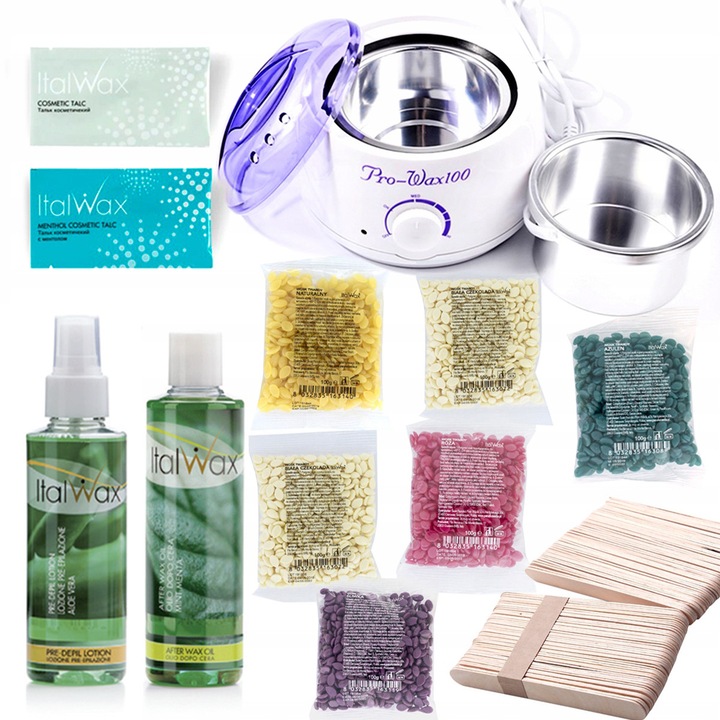 Set epilare ItalWax, 6x ceara, incalzitor, 100ml lotiune inainte si dupa depilare, spatule 100 buc, mentol