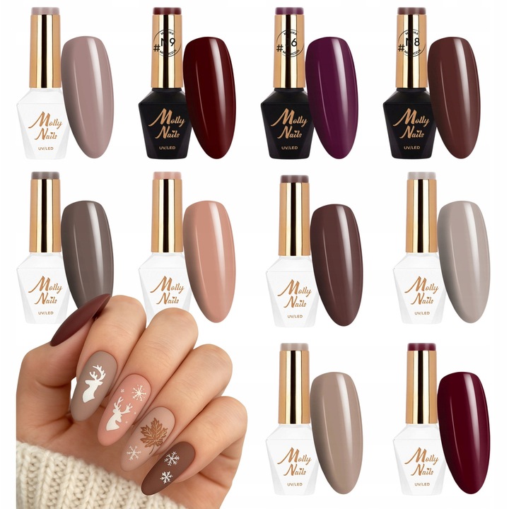 Set 10 lacuri hibrid Molly Nails, nuante de toamna si sarbatori, 8g fiecare