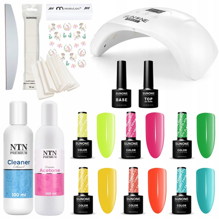 Set manichiura hibrida 6x, Lampa LED/UV 48W, 6 lacuri hibrid 5ml, Baza, Top No Wipe, Cleaner 100ml, Aceton 100ml, Alb