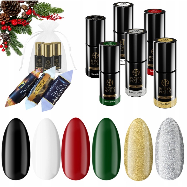 Set 6 lacuri hibridice Boska Nails, culori festive, 6ml fiecare, ambalate in saculet de organza