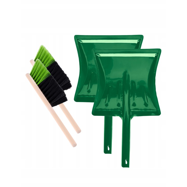 Set 2x sufleta metalica si 2x zmiotca Garronda, negru-verde/verde, cu manere din lemn, material PET
