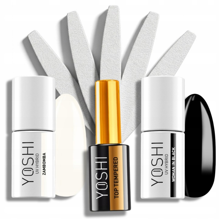 Set unghii Yoshi, lacuri hibride alb si negru, pile 100/180