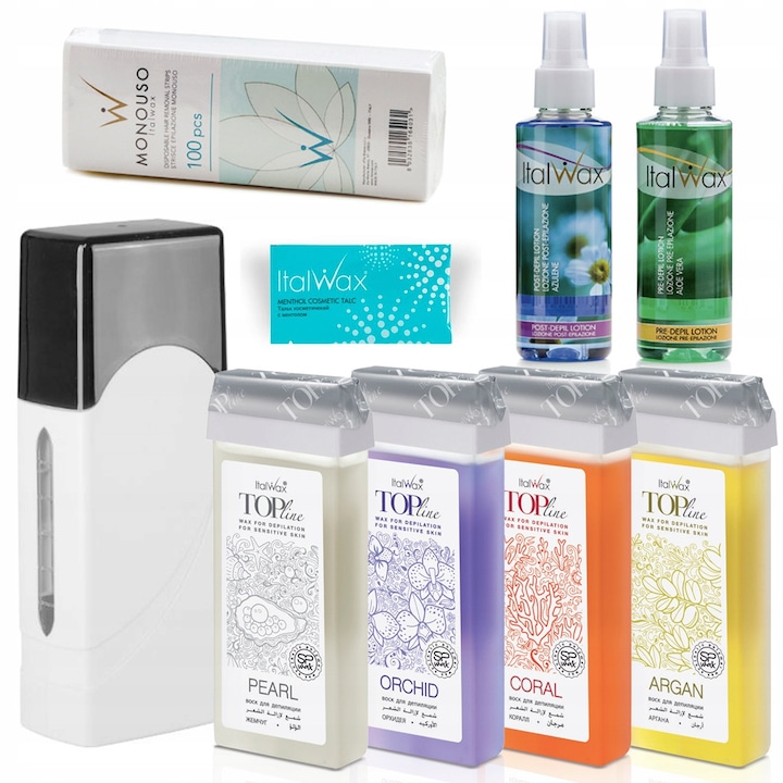 Set depilare ItalWax, 4x ceara premium hipoalergenica, 100ml, lotiune pre si post depilare, 100 benzi, 40W incalzitor