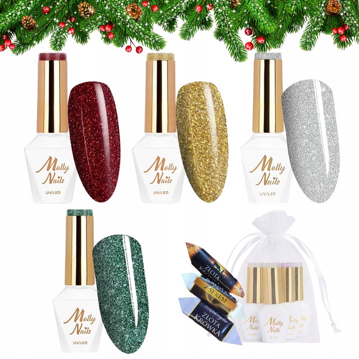 Set 4 lacuri hibride MOLLY NAILS, culori festive, 6ml fiecare, multicolor