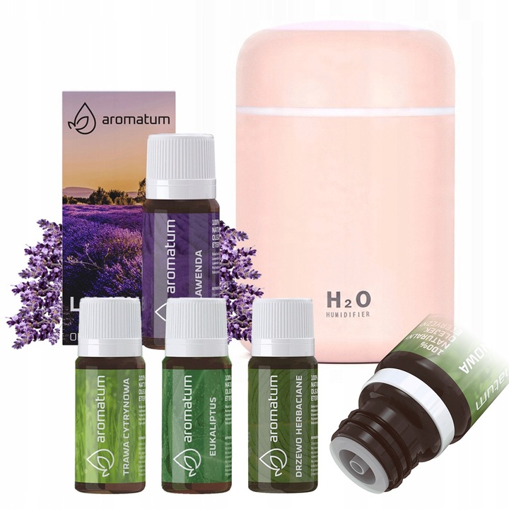Aromatum 4x illóolaj készlet 12ml: Levendula, Eukaliptusz, Teafa, Citromfű, Rózsaszín párásító diffúzor 300ml