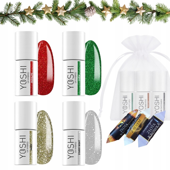 Set 4 lacuri hibride Yoshi, culori festive, 6ml fiecare, ambalate in saculet de organza