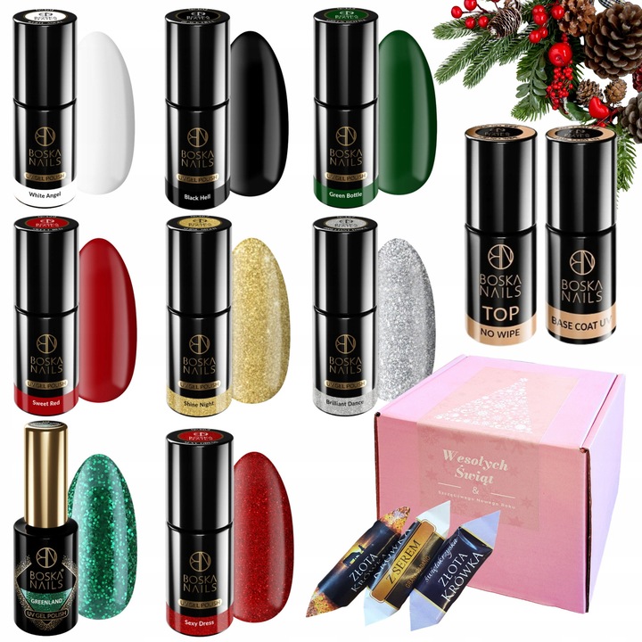 Set de lacuri hibride Boska Nails 8x 6ml, culori festive, baza si top inclus, cadou