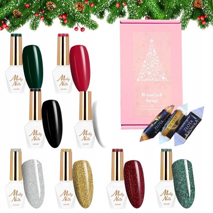 Set 8 lacuri hibride MOLLY NAILS, culori festive, 6ml fiecare, ambalaj cadou