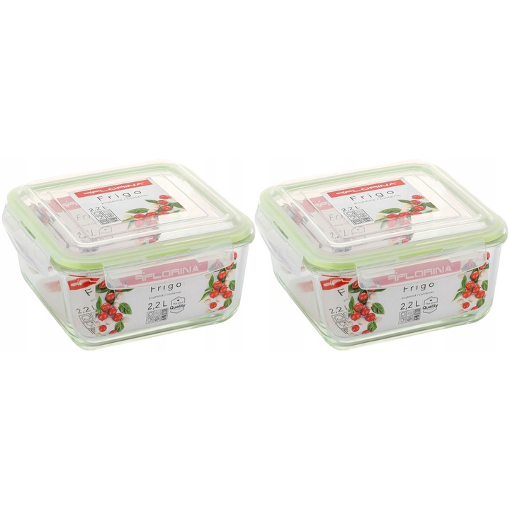 Set 2 cutii alimentare Florina Frigo, 2200ml, sticla borosilicata, verde, 19,2x19,2x9cm
