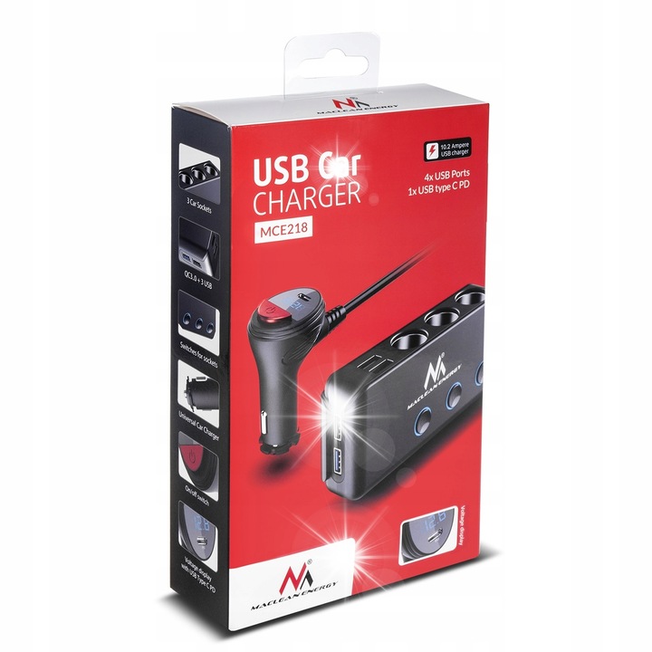Maclean 12V 24V autós szivargyújtó elosztó 4xUSB PD, gyors töltés, LED voltmérő