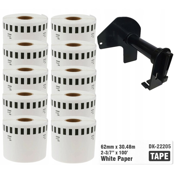 Set 10 benzi etichete Fotoenergia DK-22205 62mm x 30,48m alb cu suport