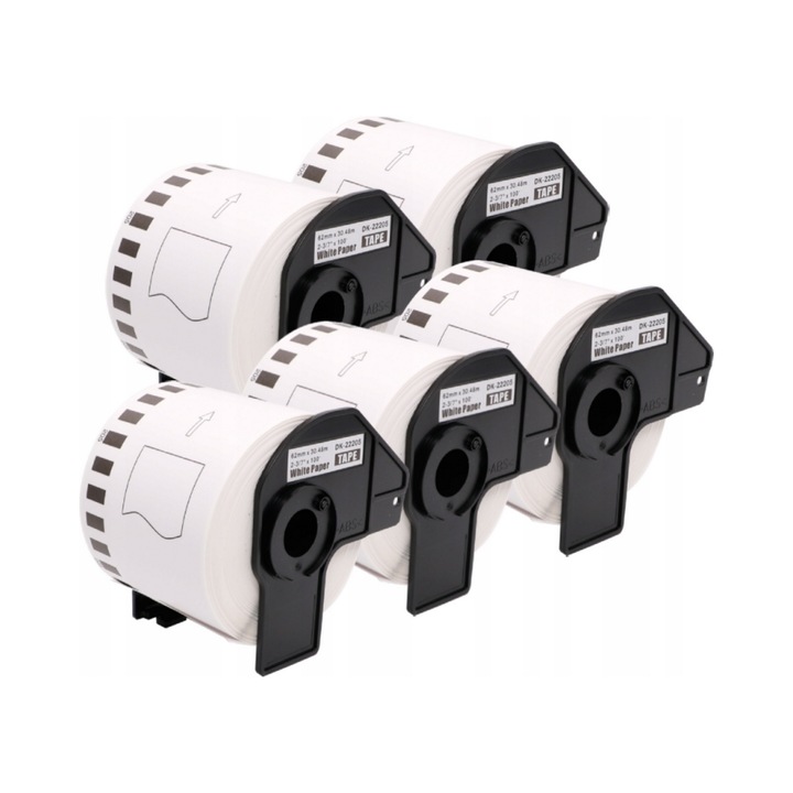 Set 5 x Bandă pentru imprimantă Brother DK-22205, etichete termice, imprimare neagră pe fundal alb, 62mm x 30.48m